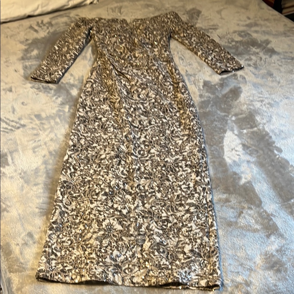 Xscape Gown Gold/Champagne Off the Shoulder Bodycon